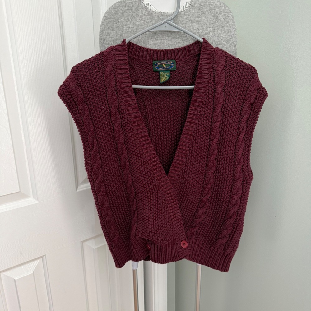 VTG Charter Club Jane Justin Cable Knit Sweater Vest Burgundy M Grandpacore